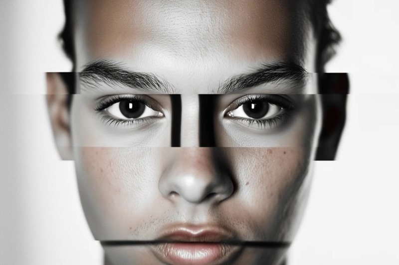 Digitally manipulated portrait with horizontally sliced and displaced facial features — Julia Krantz