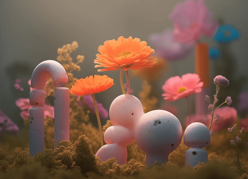 3D rendered scene of rounded organic figures among orange and pink flowers — Julia Krantz