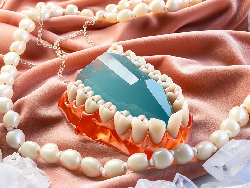 Surreal still life of teeth encasing an aqua gemstone with pearl necklace on pink silk — Julia Krantz
