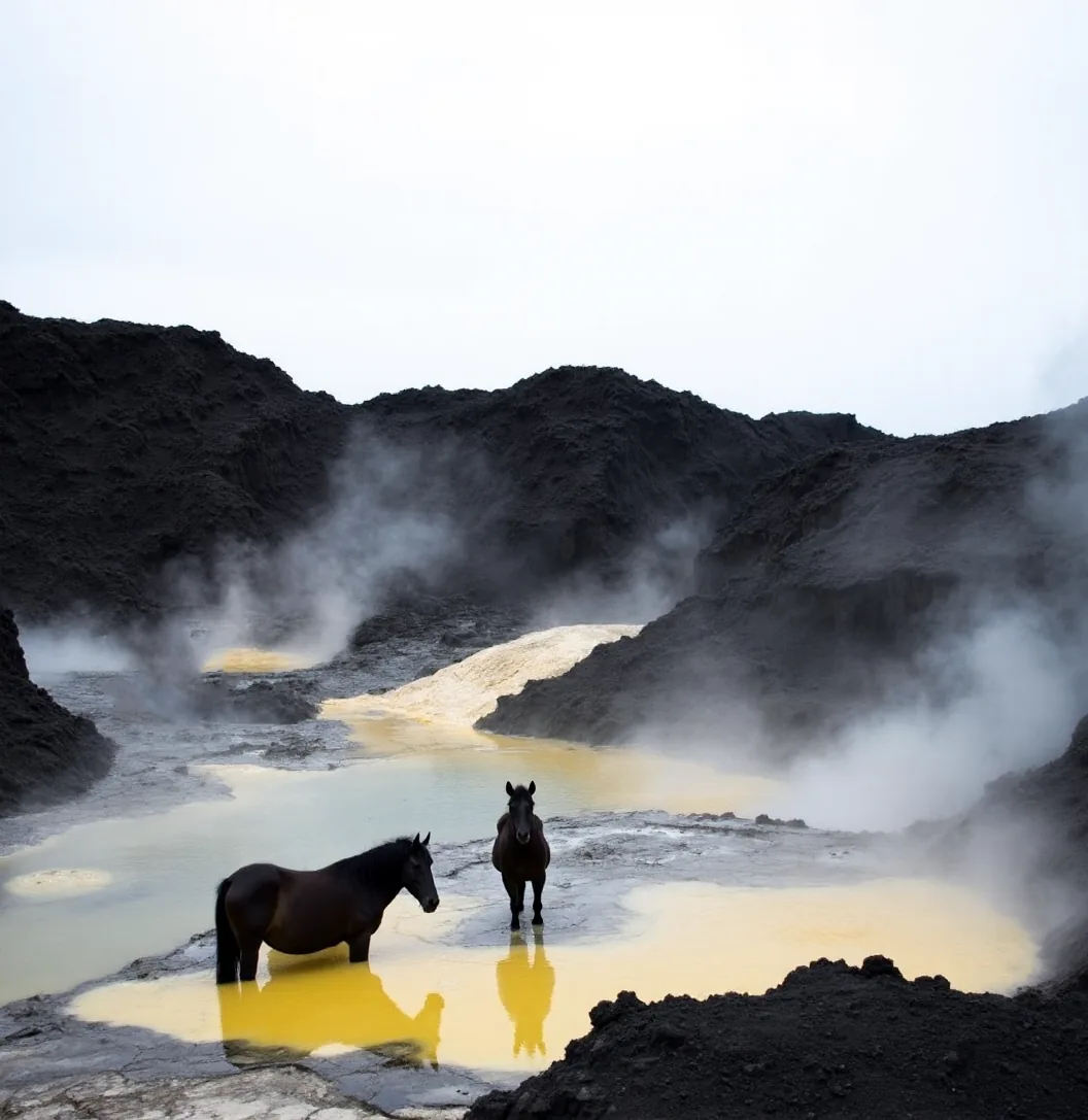 Two dark horses standing in a sulphurous yellow geothermal pool amid volcanic rock and steam — Julia Krantz